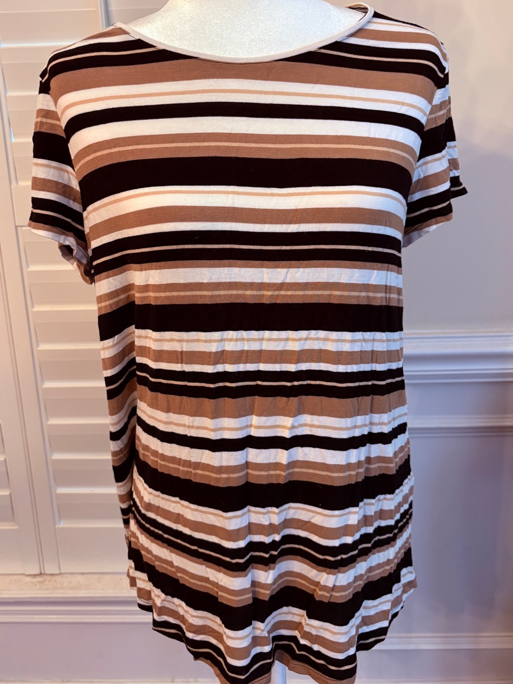 White House Black Market Striped Short-Sleeve Tee in Brown, Black & Cream
